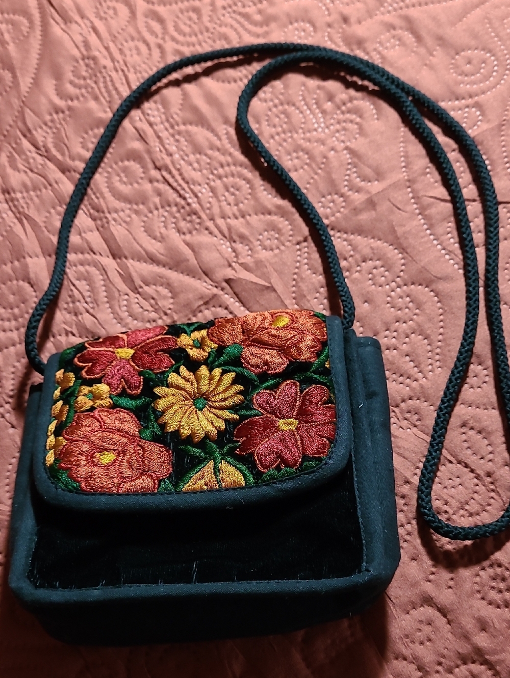 BlackVelvet Crossbody Bag with Multicolor Floral Orange  Embroidery